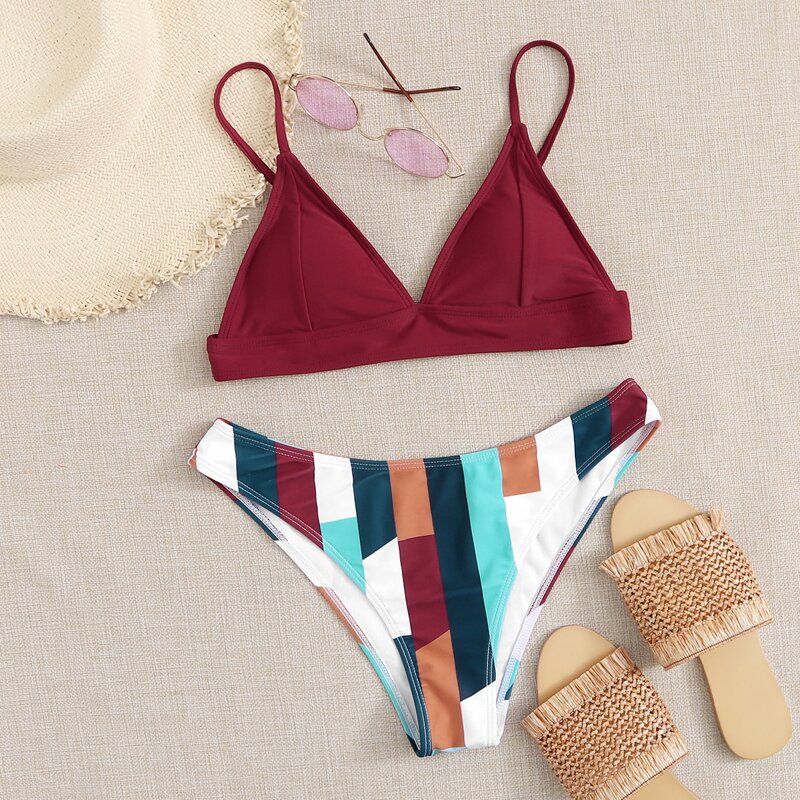 

Striped High Leg Bikini Swimsuit, Multicolor