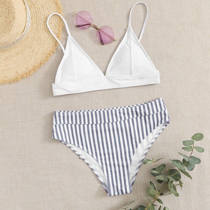 

Striped Triangle High Waist Bikini Swimsuit, Multicolor