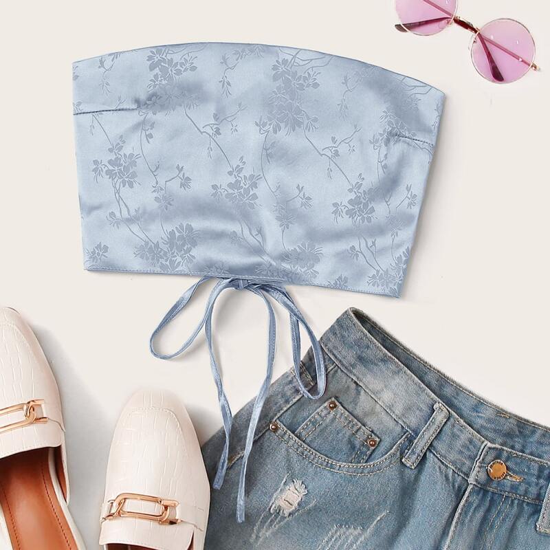 

Satin Jacquard Tube Crop Top, Blue