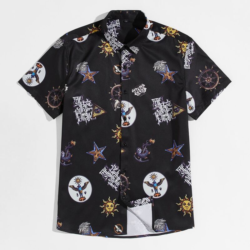

Guys Letter & Sun Print Shirt, Black