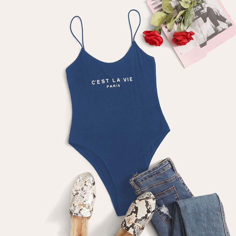 

Slogan Graphic Cami Bodysuit, Blue