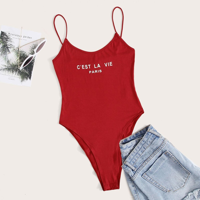 

Slogan Graphic High Cut Cami Bodysuit, Red