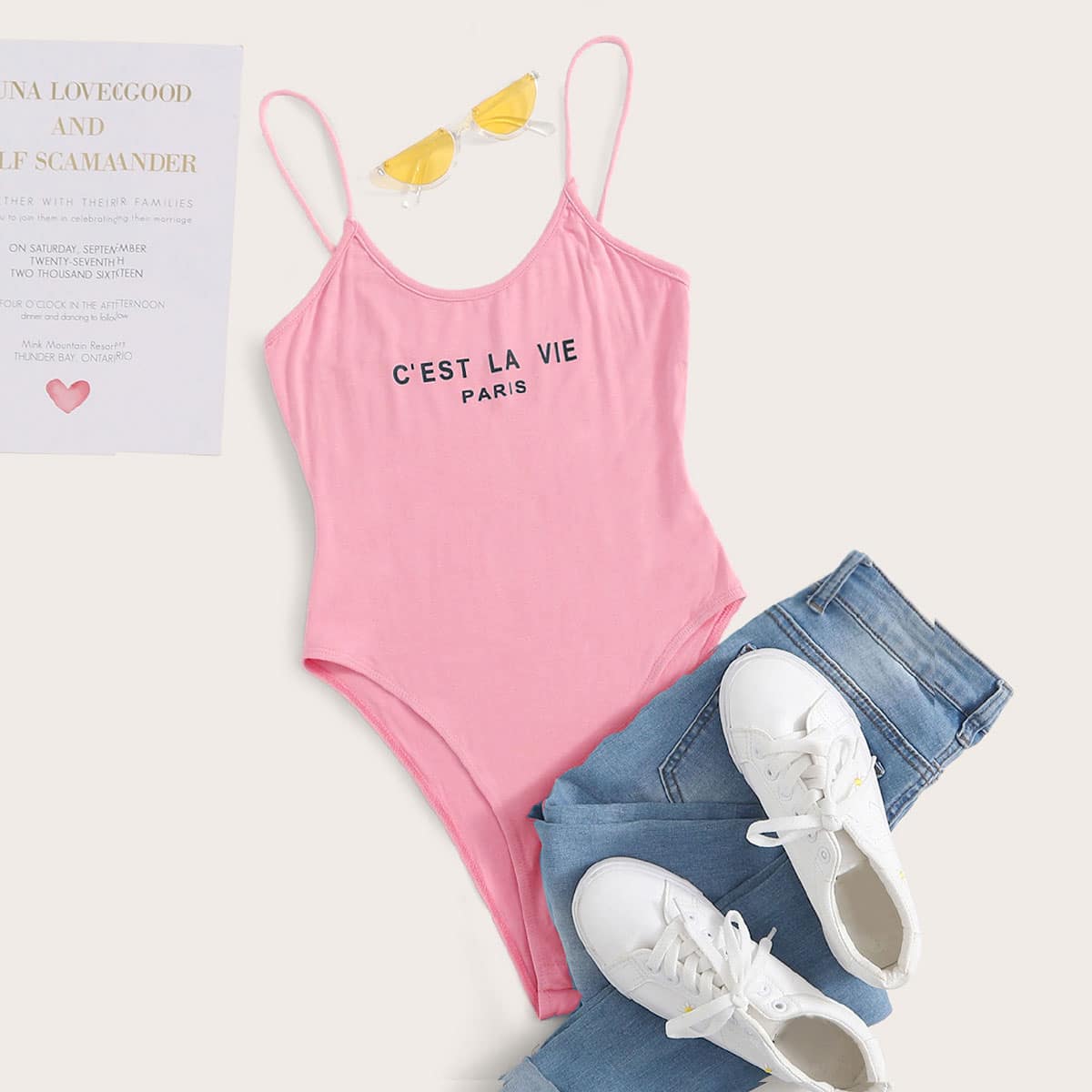 

Slogan Graphic Cami Bodysuit, Pink