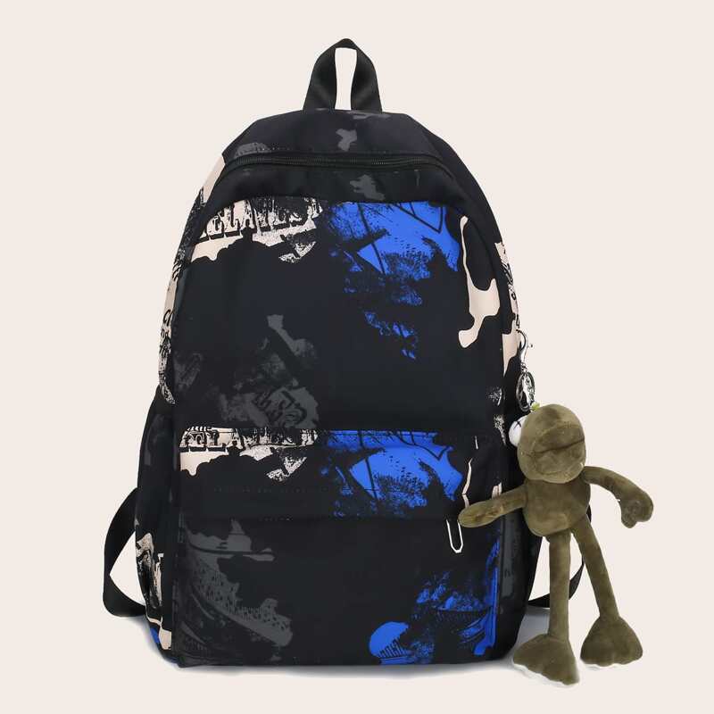 

Large Capacity Backpack With Frog Shaped Bag Charm, Black