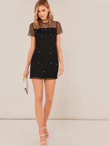 SHEIN Privé Vestido con malla con perla ribete en forma de lechuga - Negro - Ver 5