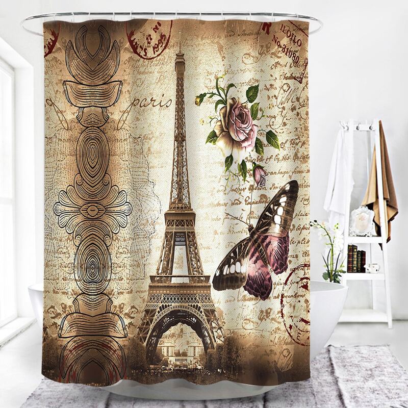 

Eiffel Tower Print Shower Vintage Curtain With 12hooks, Khaki