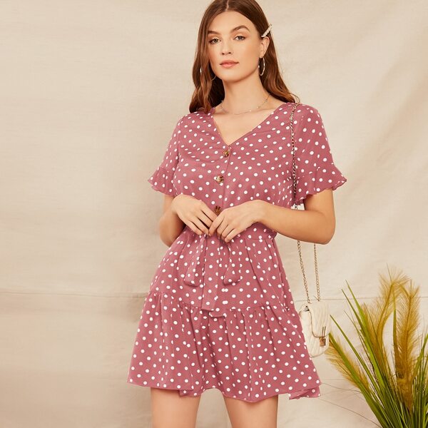 

V-neck Button Detail Ruffle Hem Belted Polka Dot Dress, Pink