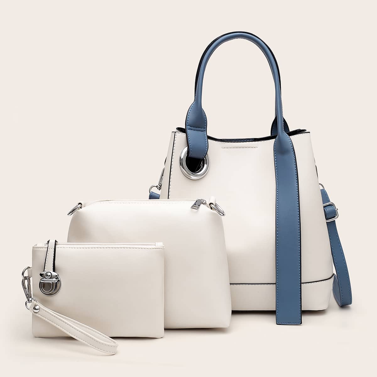 

3pcs PU Colorblock Bag Set, White