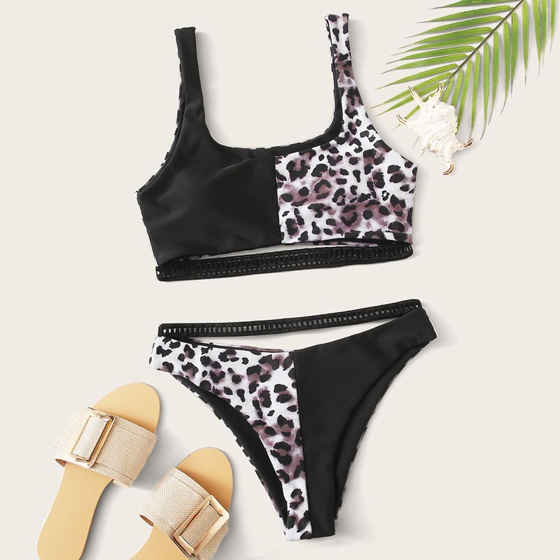 

Leopard Contrast Strap Bikini Swimsuit, Multicolor
