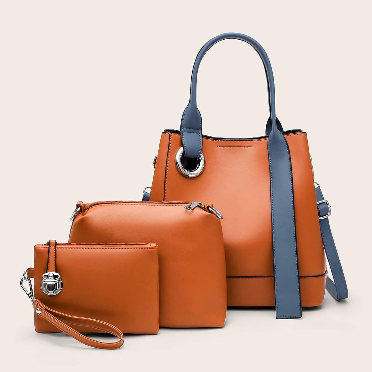 

3pcs PU Colorblock Bag Set, Brown