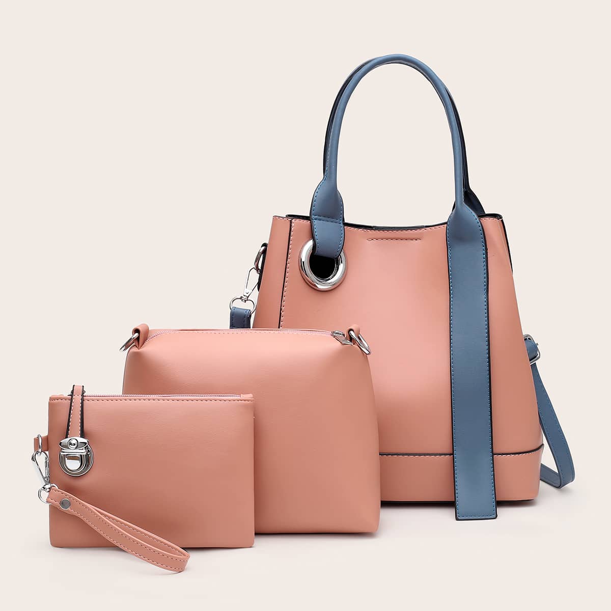 

3pcs PU Colorblock Bag Set, Pink