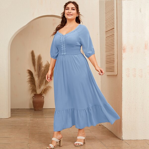 

Plus Guipure Lace Trim Shirred Waist Ruffle Hem Dress, Blue pastel