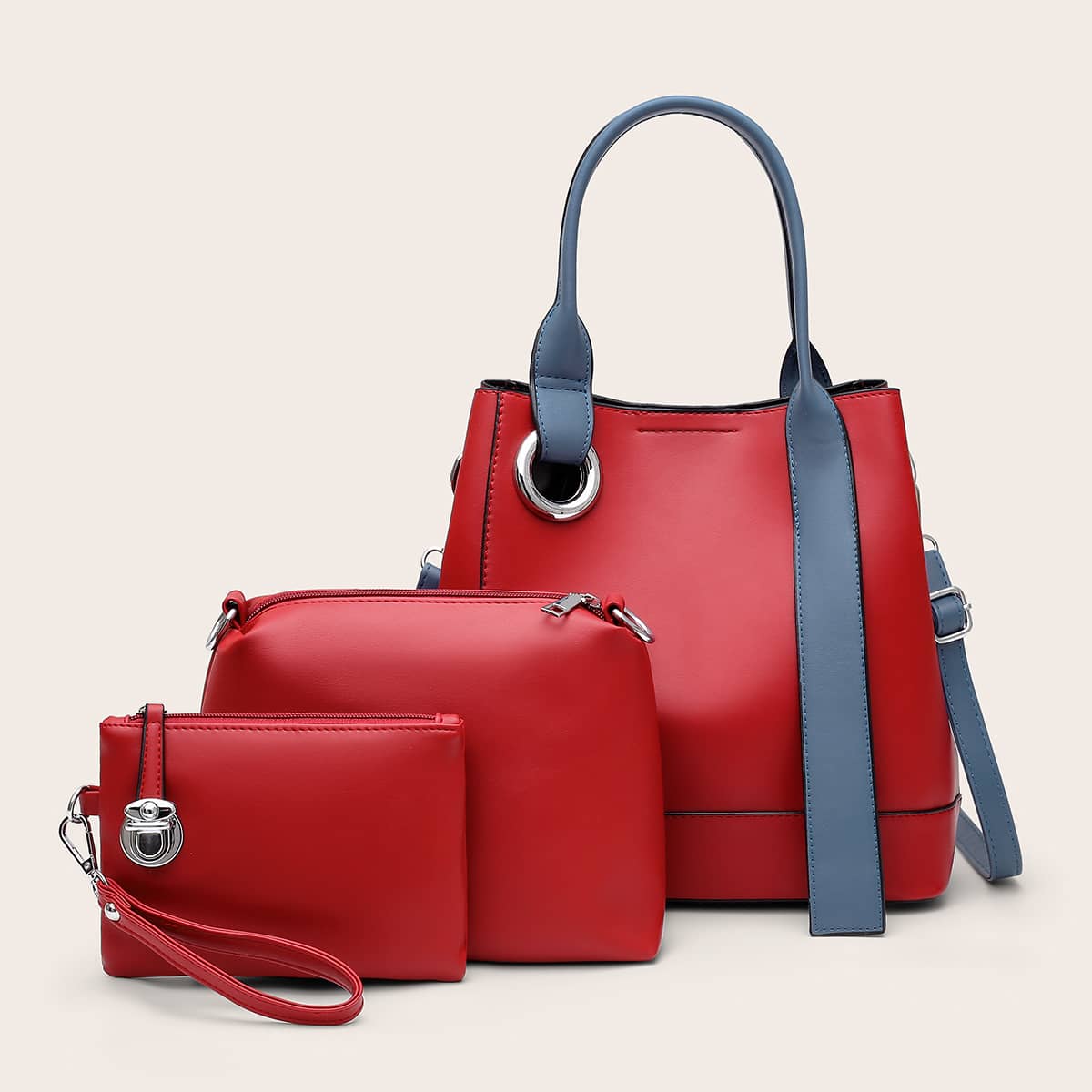 

3pcs PU Colorblock Bag Set, Red
