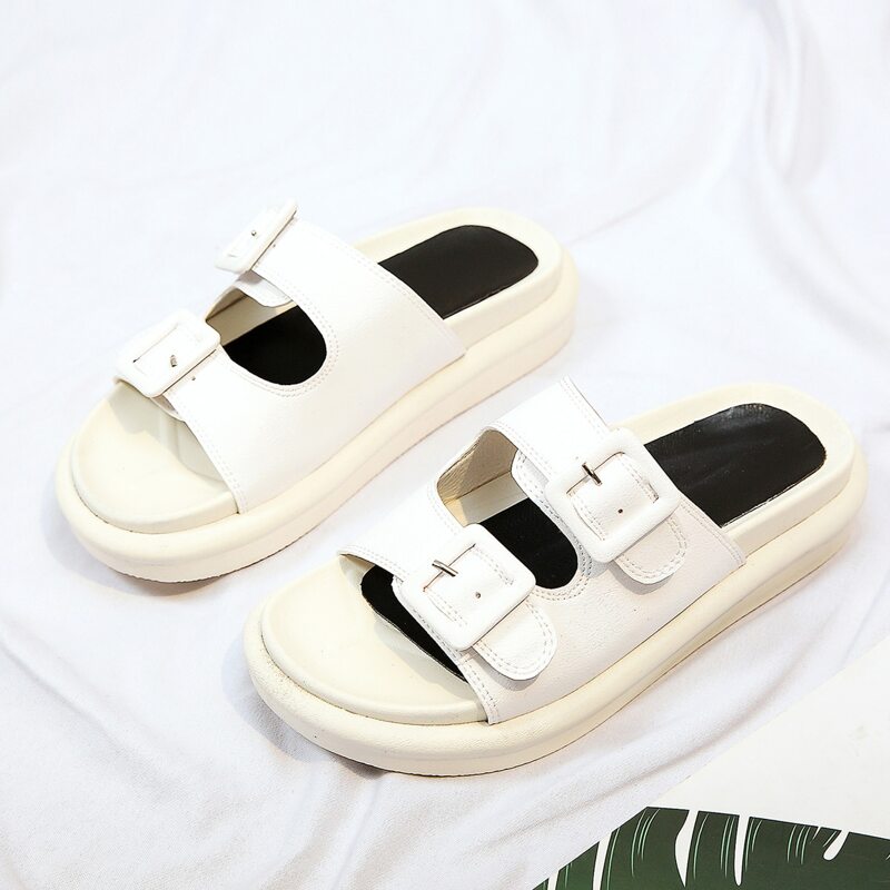 

Buckle Strap Open Toe Sliders, White