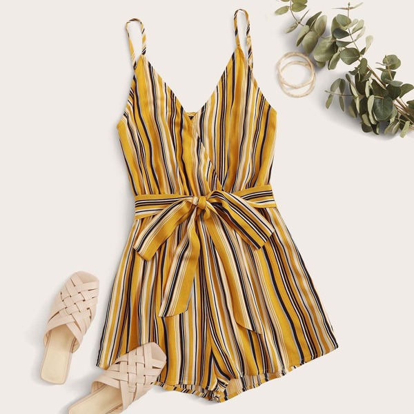 

Plus Striped Print Belted Cami Romper, Yellow