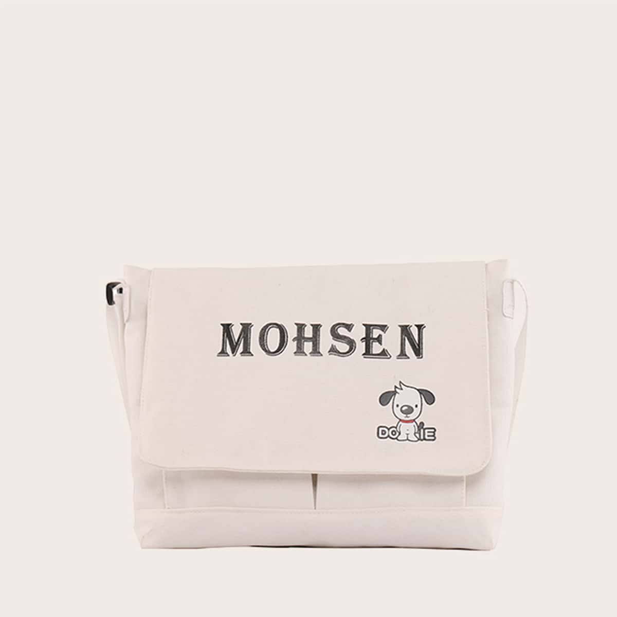 

Letter & Cartoon Graphic Crossbody Bag, Beige