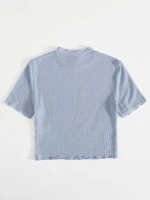Muchica Lettuce Edge Rib-knit Solid Tee - Blue - View 2