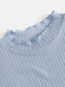 Muchica Lettuce Edge Rib-knit Solid Tee - Blue - View 4