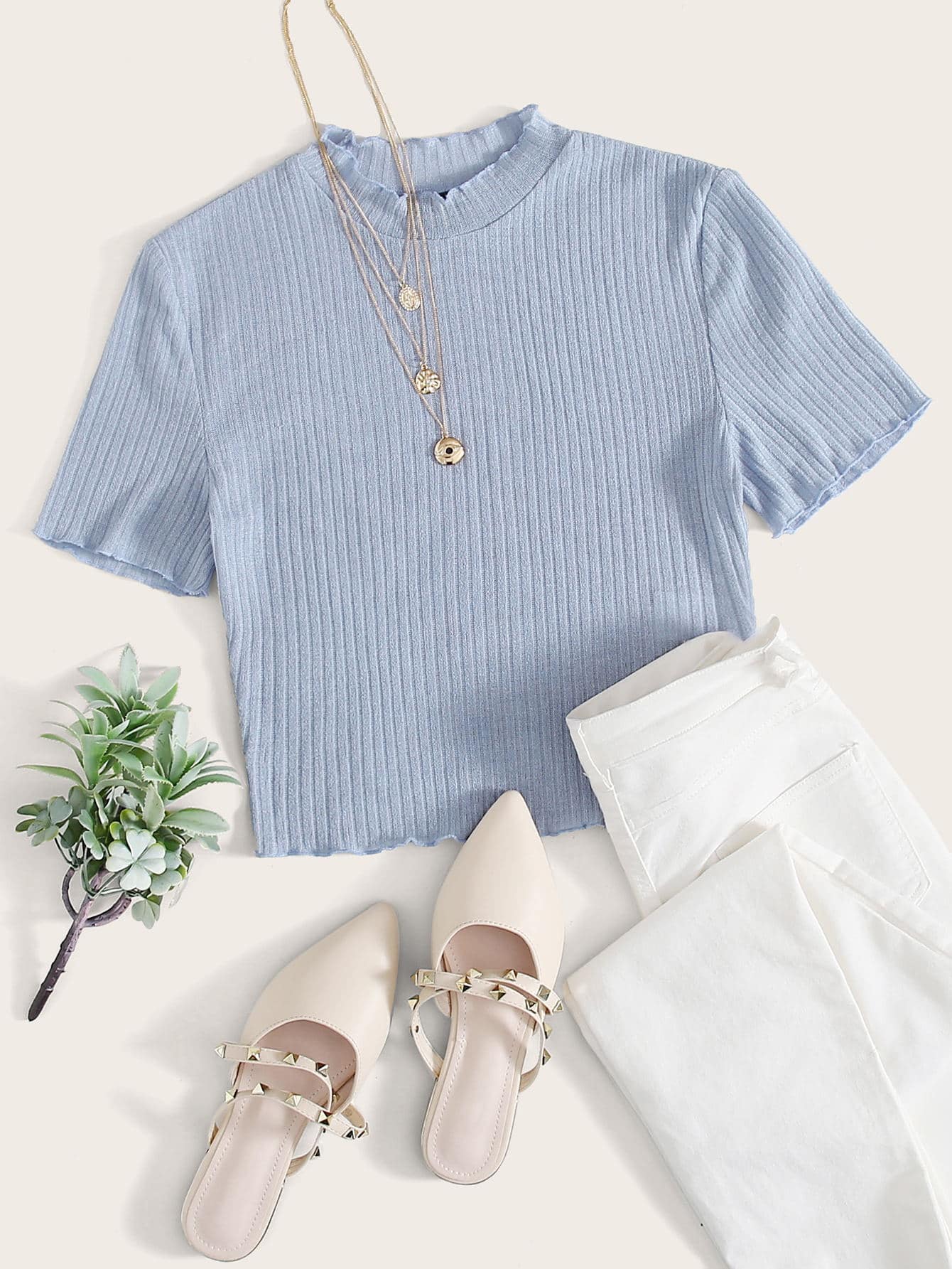 Muchica Lettuce Edge Rib-knit Solid Tee - Blue - View 1