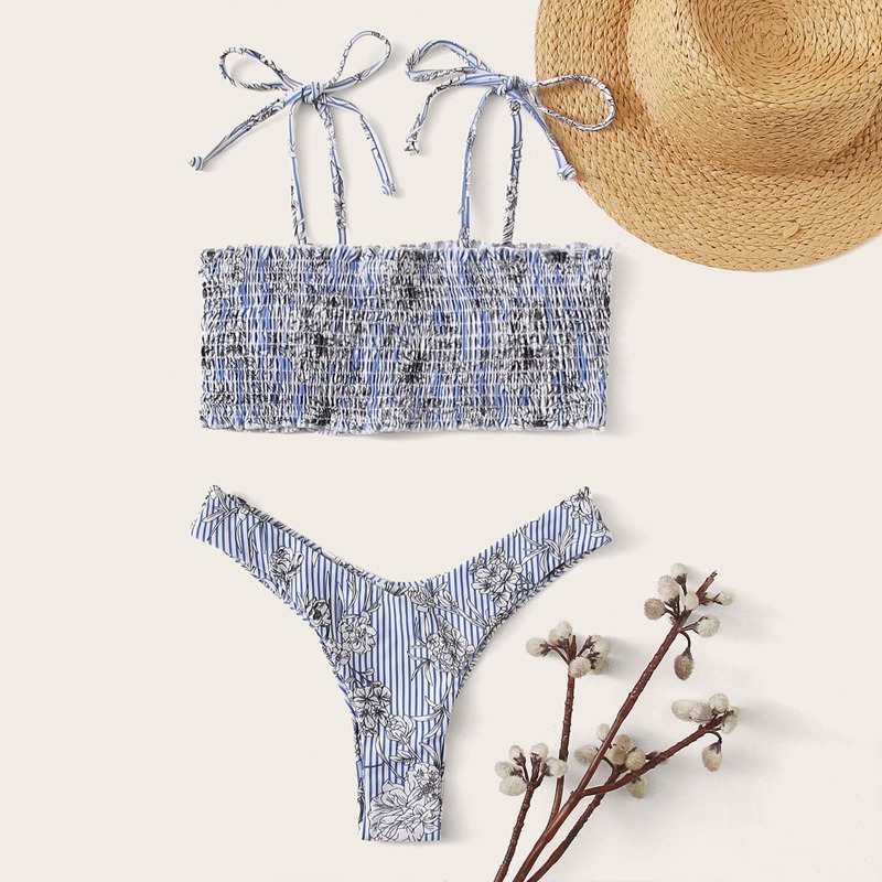 

Floral Smocked Tie Shoulder Bikini Swimsuit, Blue