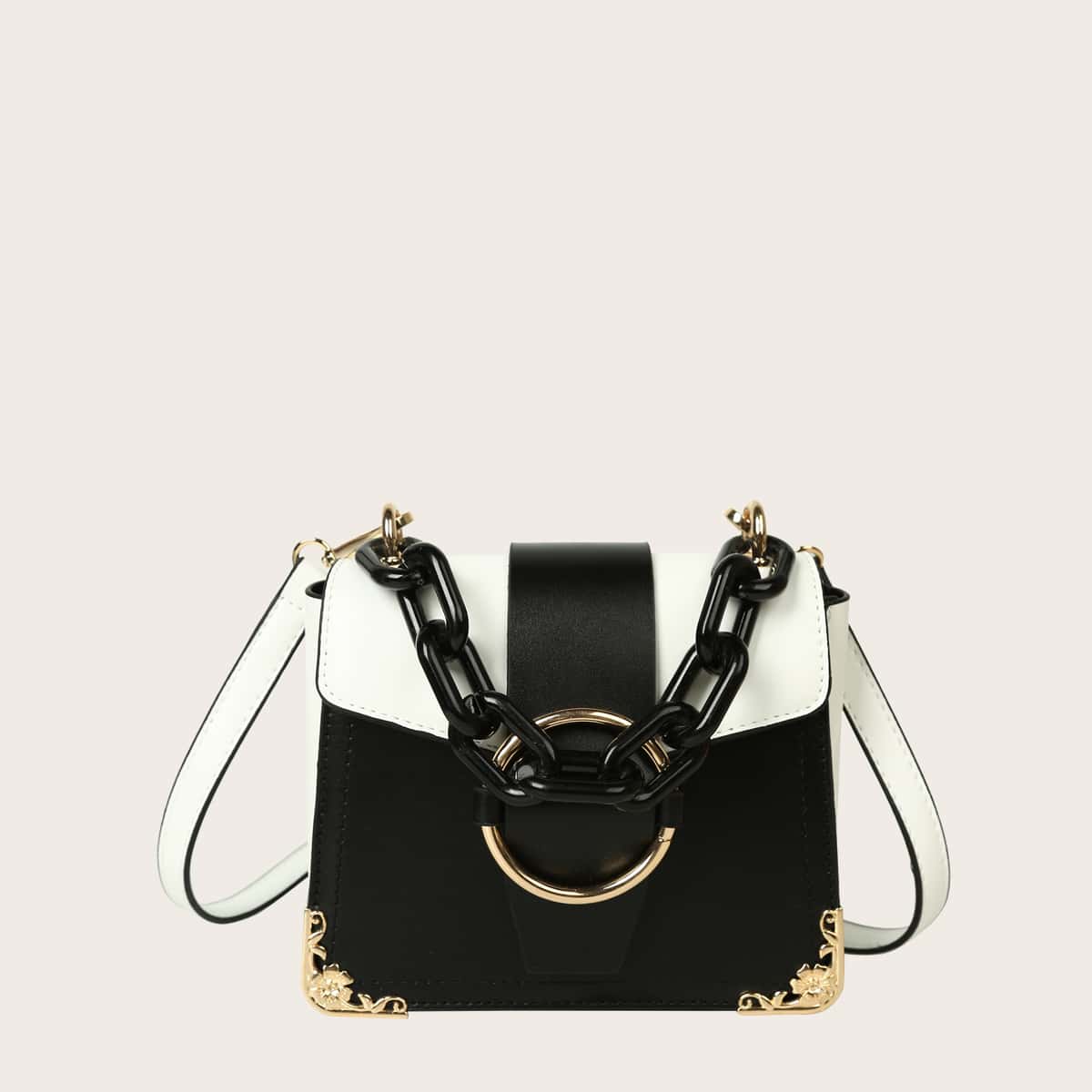 

Colorblock Flap Satchel Bag, Black and white