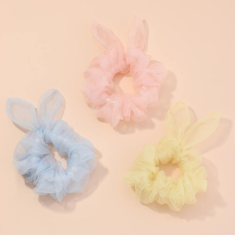 

3pcs Ear Design Mesh Scrunchie, Multicolor
