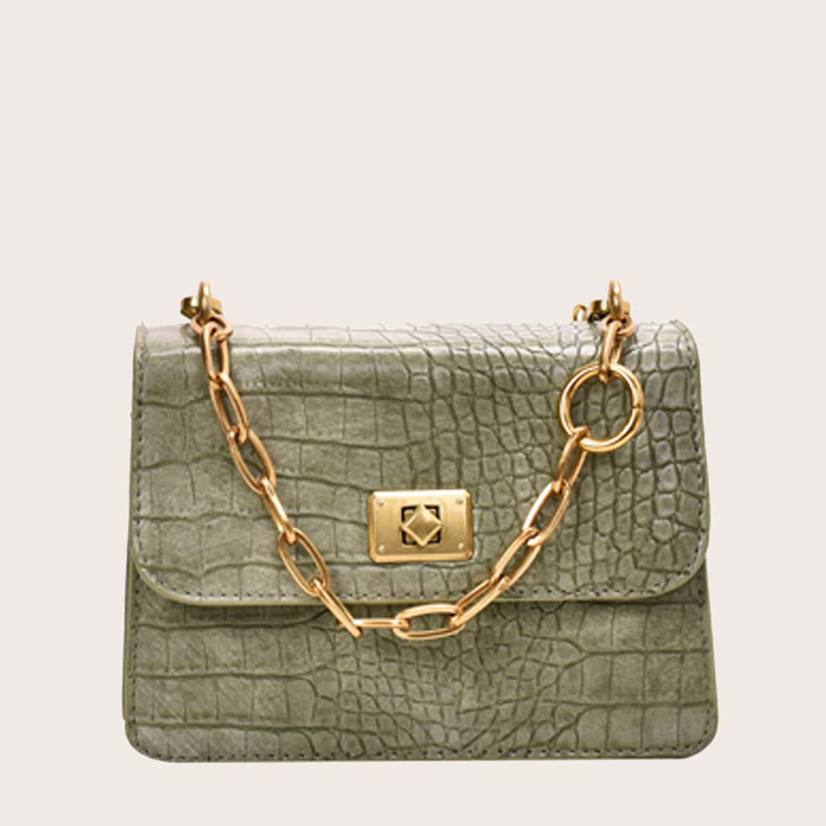 

Croc Embossed Flap Satchel Bag, Green