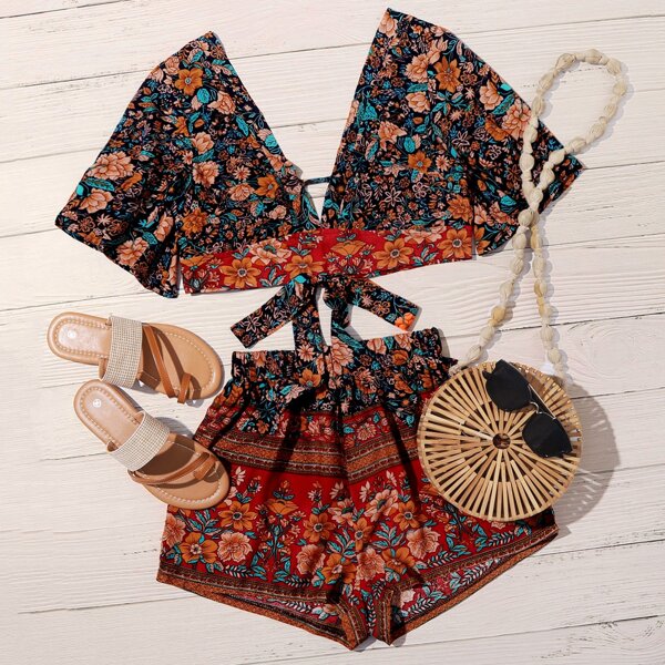 

Шорты и короткий топ с узлом, цветочным принтом, Многоцветный