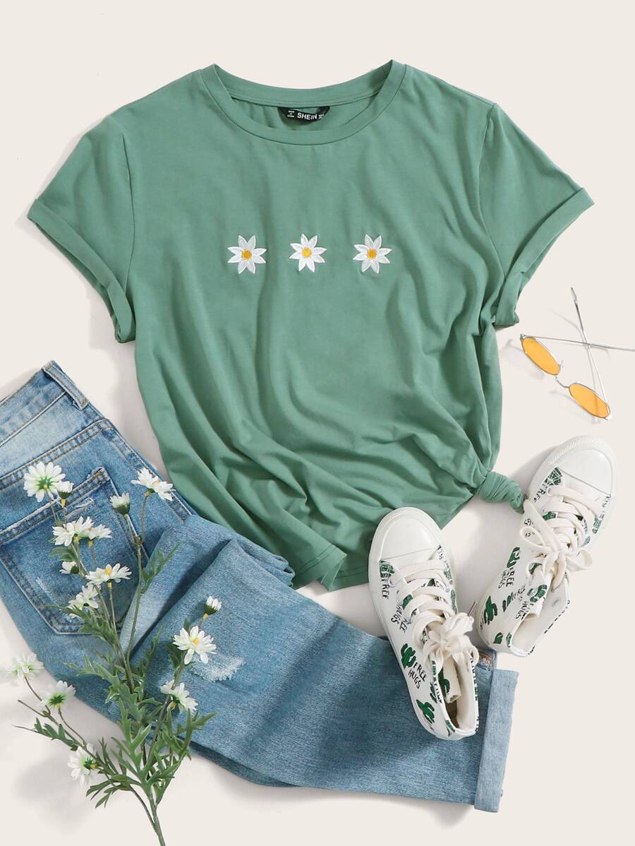 Muchica Floral Embroidery Tee - Green - View 1
