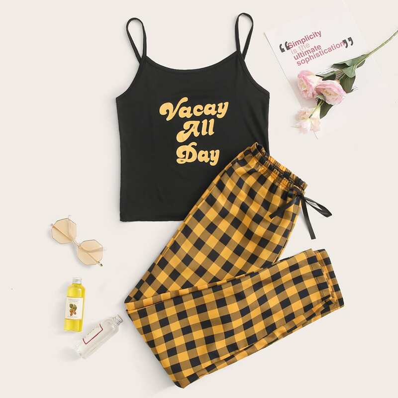 

Letter & Gingham Print Cami PJ Set, Multicolor