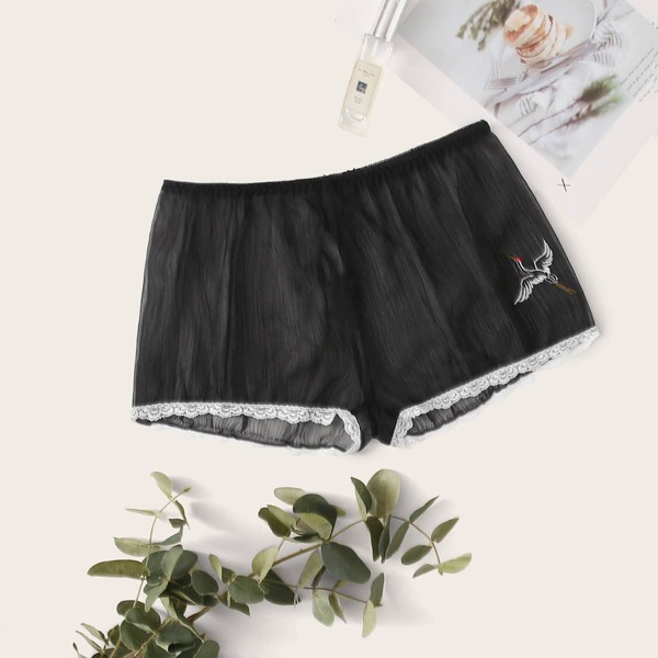 

Lace Trim Crane Embroidered Sheer Shorts, Black