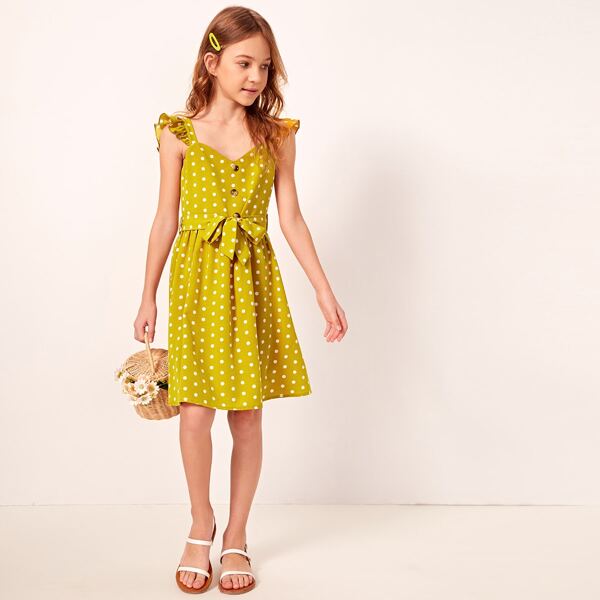 

Girls Ruffle Strap Belted Polka Dot Dress, Yellow