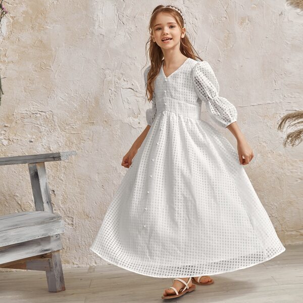 

Girls Gather Sleeve Button Front Plaid Dress, White