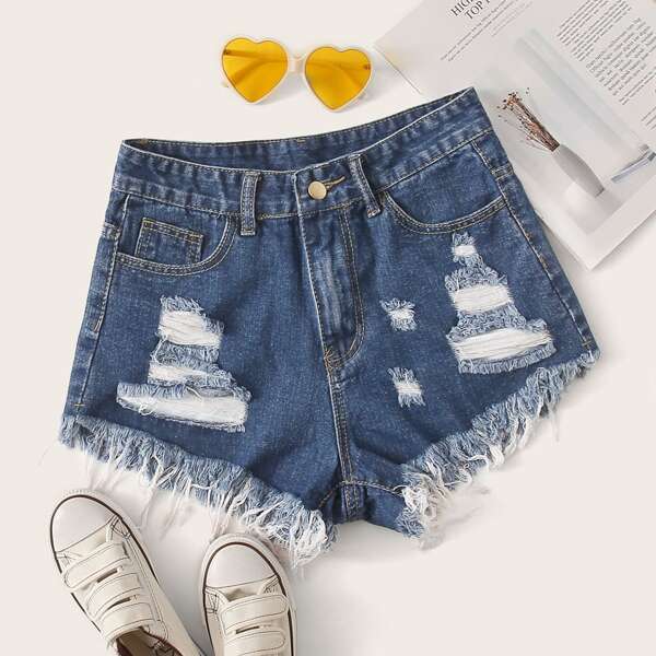

Raw Ham Ripped Denim Shorts, Blue
