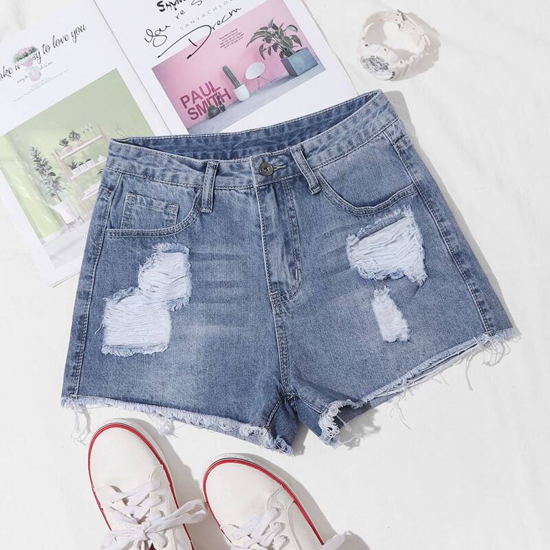 

Raw Hem Ripped Denim Shorts, Blue