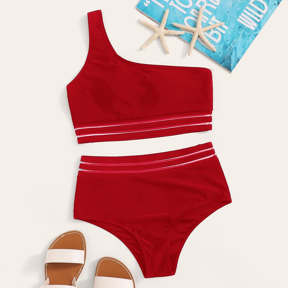 

Contrast Mesh One Shoulder Bikini Swimsuit, Red