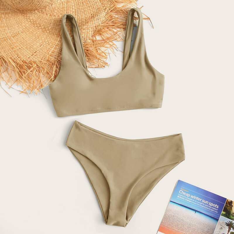 

Plain Scoop Neck Bikini Swimsuit, Khaki