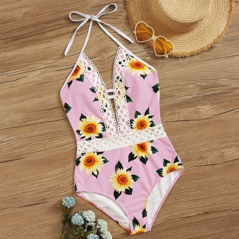 

Sunflower Print Crochet Trim One Piece Swimsuit, Pink