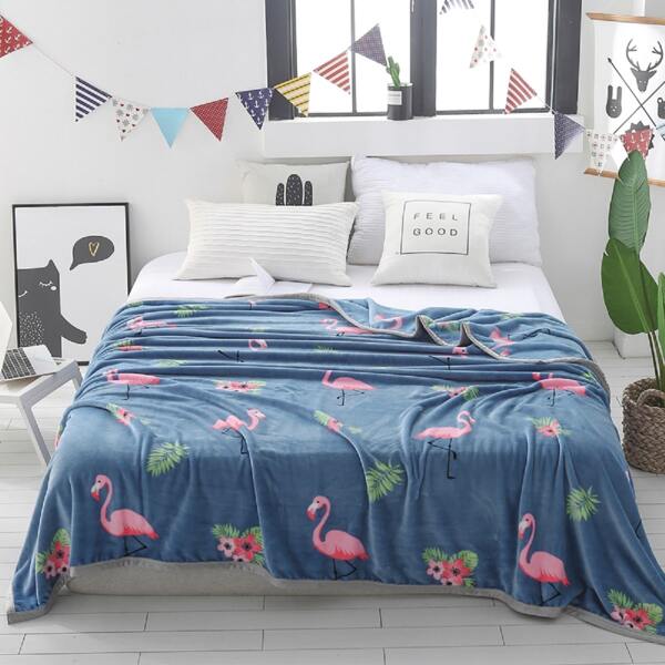 

Flamingo Print Blanket, Blue