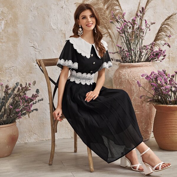 

Statement Collar Lace Trim Pleated Dress, Black
