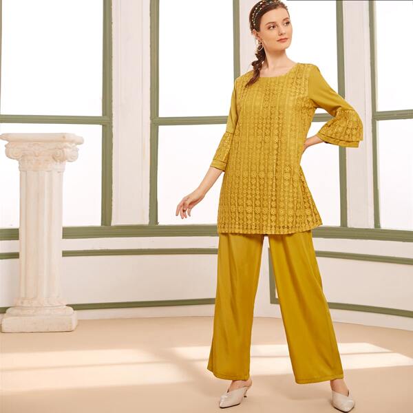 

Lace Panel Flounce Sleeve Top With Pants, Yellow