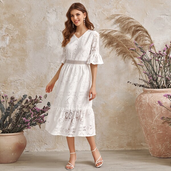 

Flounce Sleeve Button Ruffle Hem Lace Dress, White