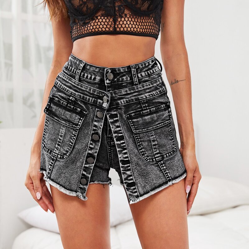 

Flap Pocket Front Button Front Bleach Wash Denim Skort, Dark grey