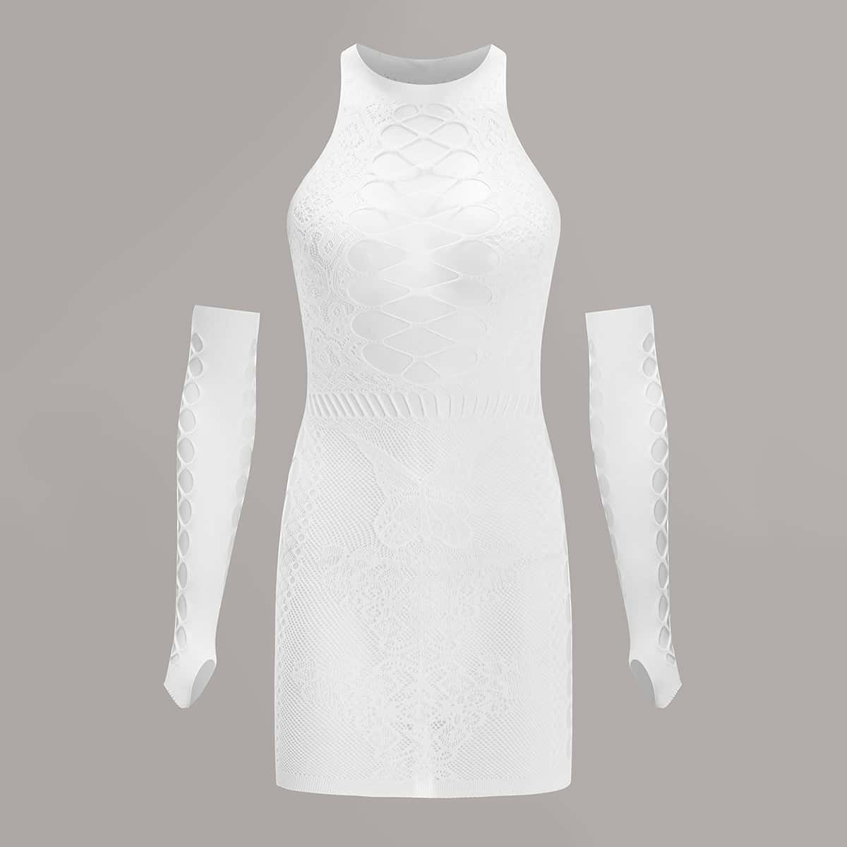 

Floral Lace Cut-out Dress & 1 Pair Oversleeve, White