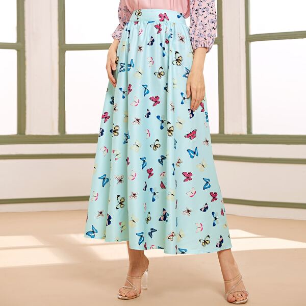 

Butterfly Print Maxi Skirt, Blue