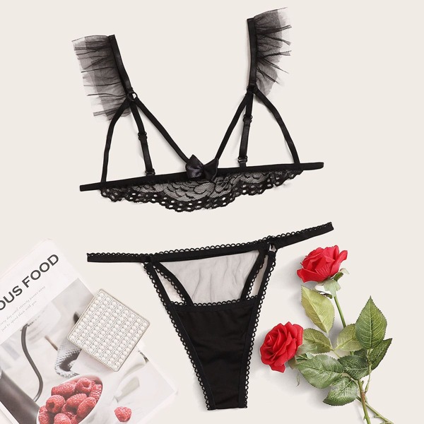 

Cut-out Floral Lace Lingerie Set, Black