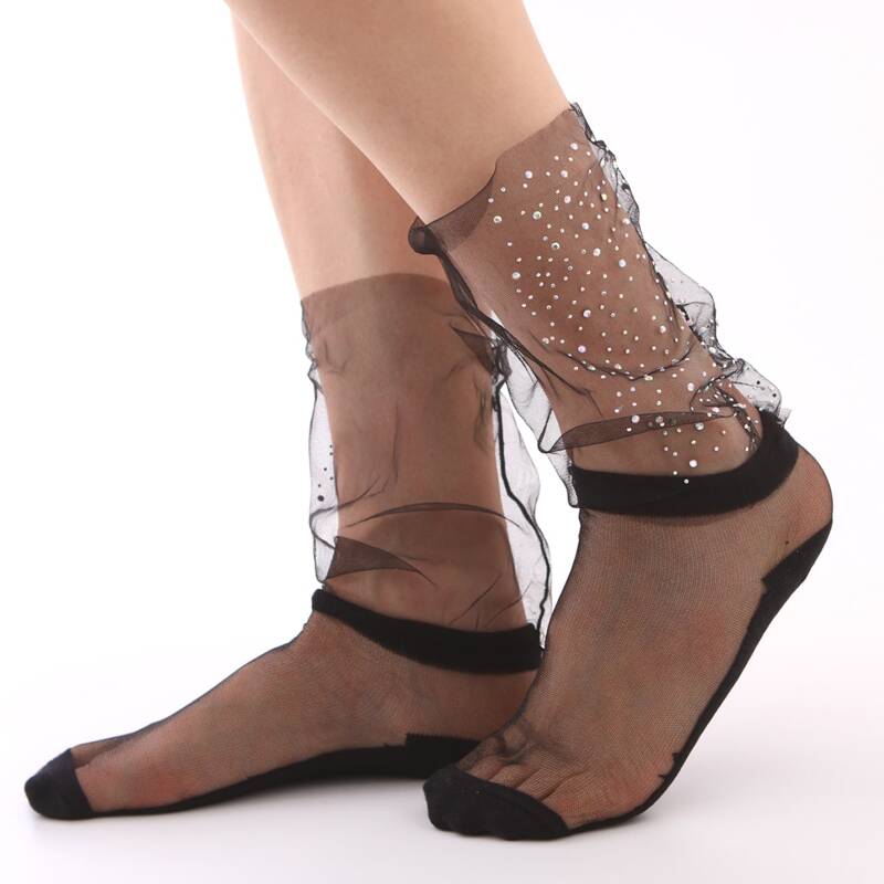 

Rhinestone Engraved Mesh Socks, Black