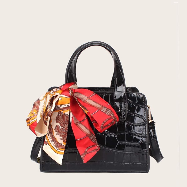 

Twilly Scarf Decor Croc Embossed Satchel Bag, Black