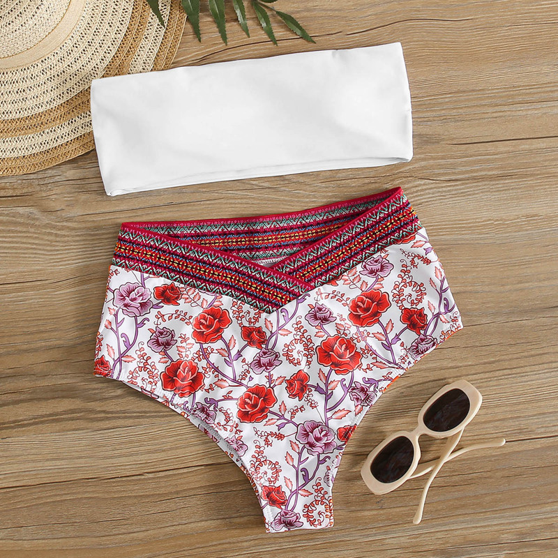 

Floral Bandeau High Waisted Bikini Swimsuit, Multicolor