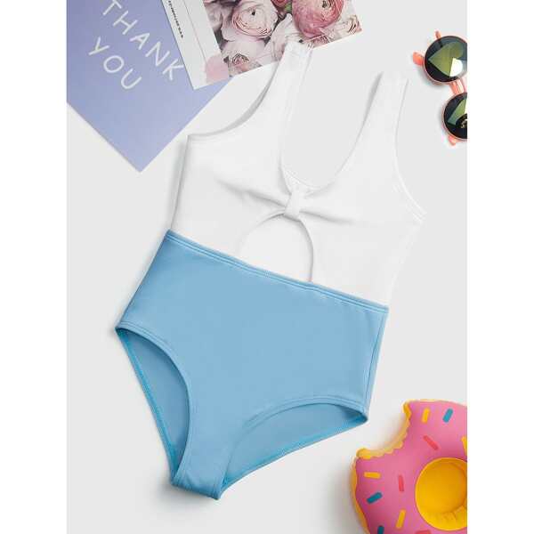 

Girls Rib Two Tone Cut-out One Piece Swimsuit, Multicolor